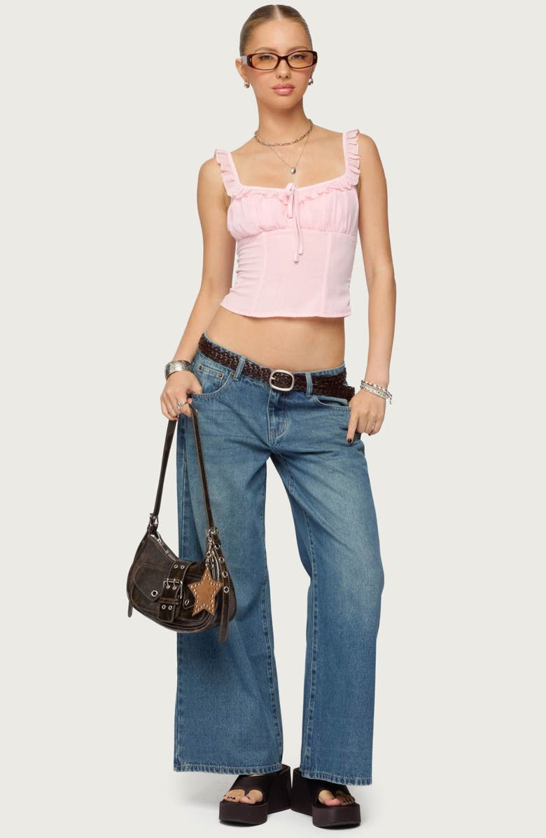 EDIKTED Vyxen Bow Print Low Rise Wide Leg Jeans, Alternate, color, Blue-Vintage-Washed