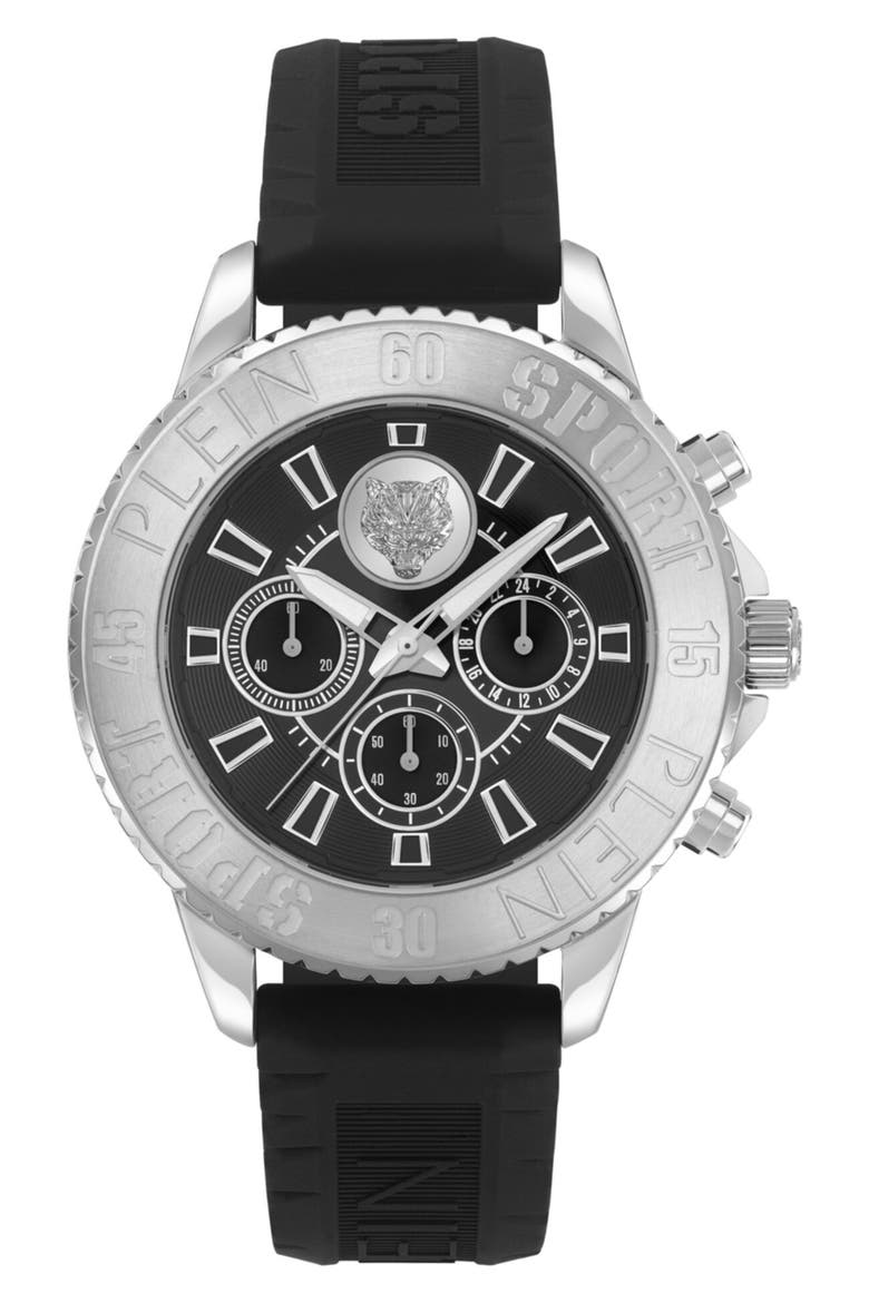 Glam Chrono Silicone Strap Watch, 44mm, Main, color, STAINLESS STEEL