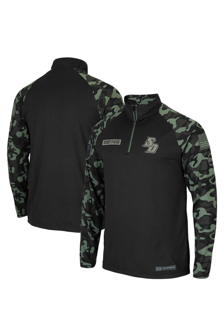Men's Colosseum Black/Camo San Diego Toreros OHT Military Appreciation Take Flight Raglan Quarter-Zip Jacket, Main, color, Black
