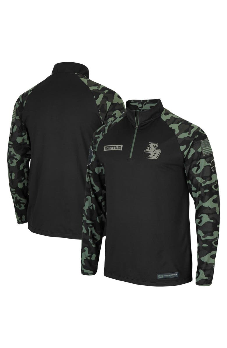 COLOSSEUM Men's Colosseum Black/Camo San Diego Toreros OHT Military Appreciation Take Flight Raglan Quarter-Zip Jacket, Main, color, Black