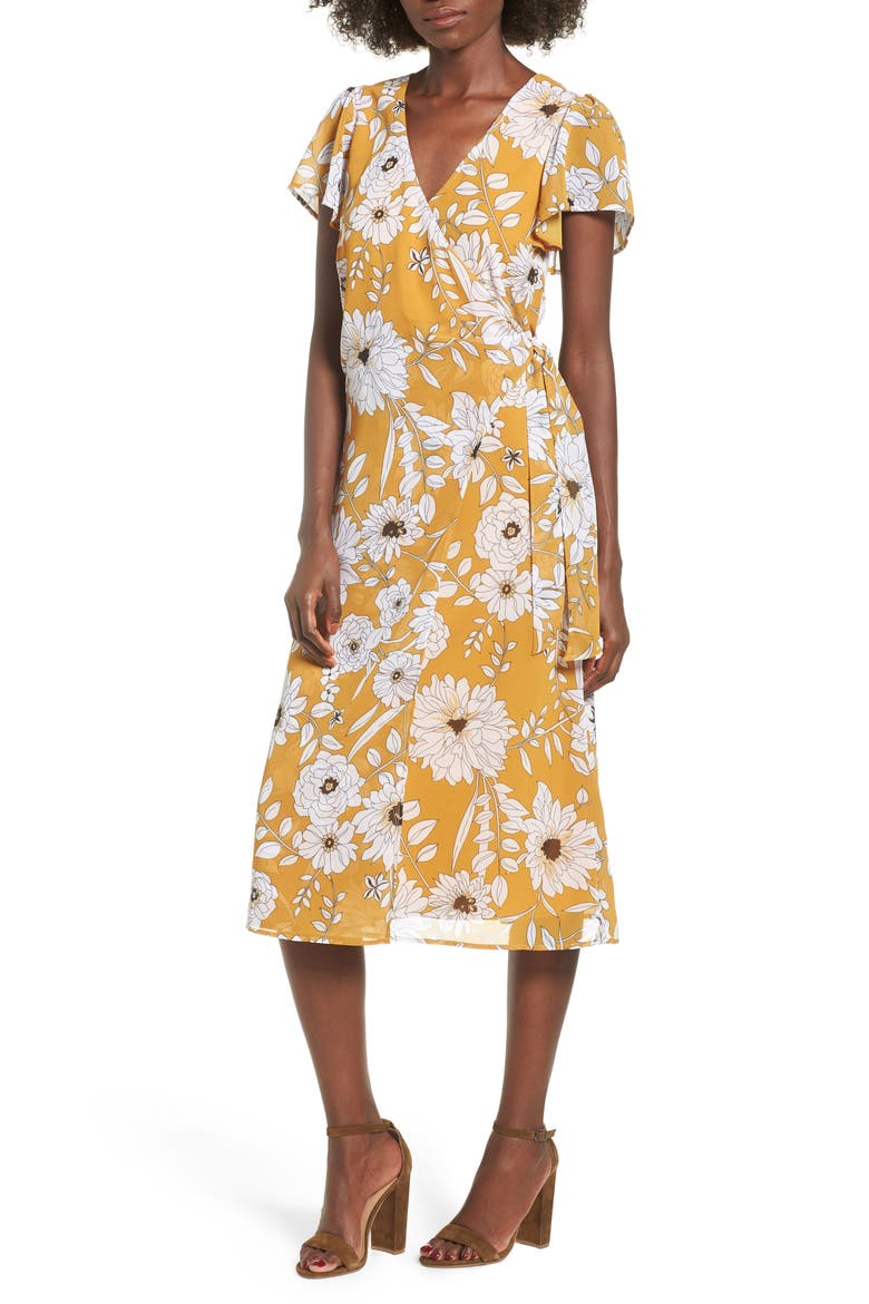 Floral Surplice Midi Dress, Main, color, YELLOW FLORAL