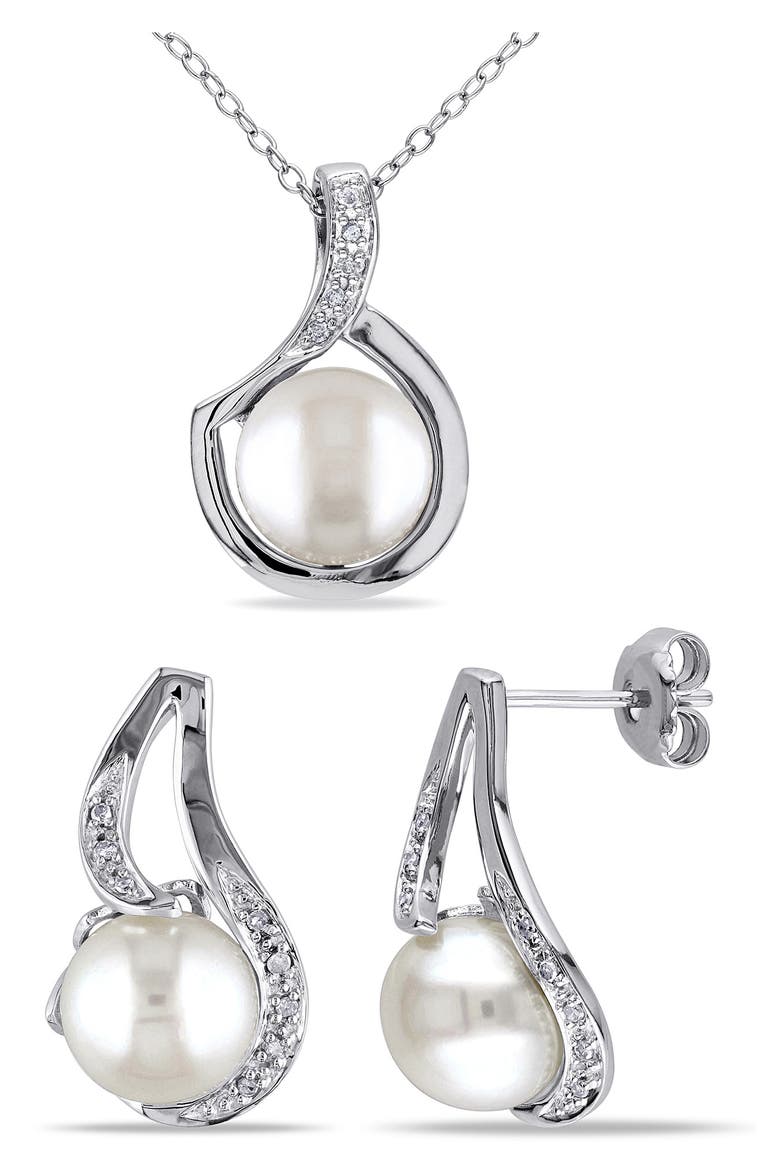 Cultured Freshwater Pearl & Diamond Pendant Necklace & Stud Earrings Set, Main, color, WHITE