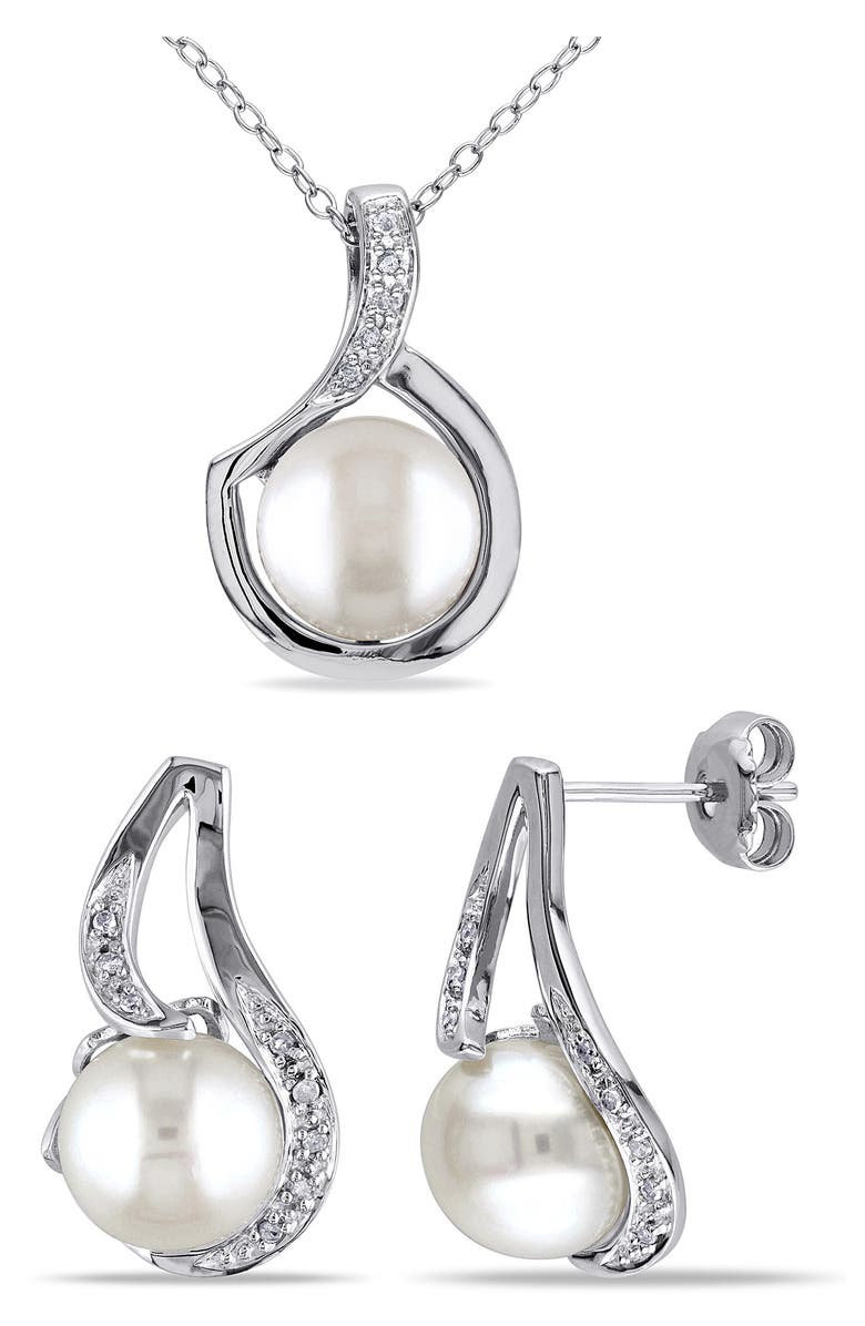 DELMAR Cultured Freshwater Pearl & Diamond Pendant Necklace & Stud Earrings Set, Main, color, White
