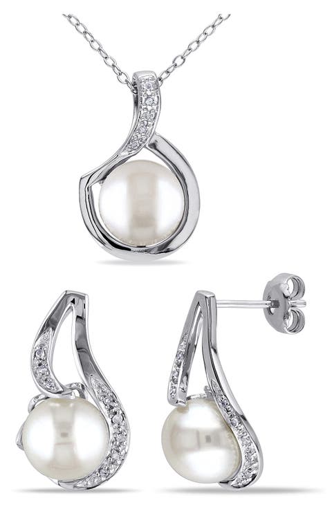Cultured Freshwater Pearl & Diamond Pendant Necklace & Stud Earrings Set