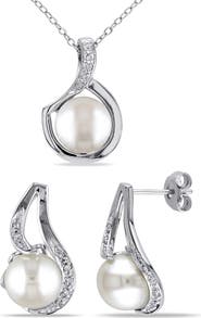 DELMAR Cultured Freshwater Pearl & Diamond Pendant Necklace & Stud Earrings Set