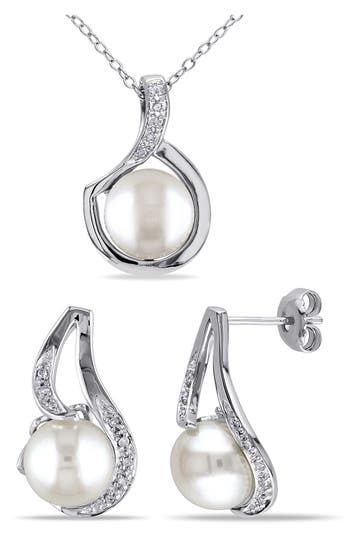 Delmar Cultured Freshwater Pearl & Diamond Pendant Necklace & Stud Earrings Set