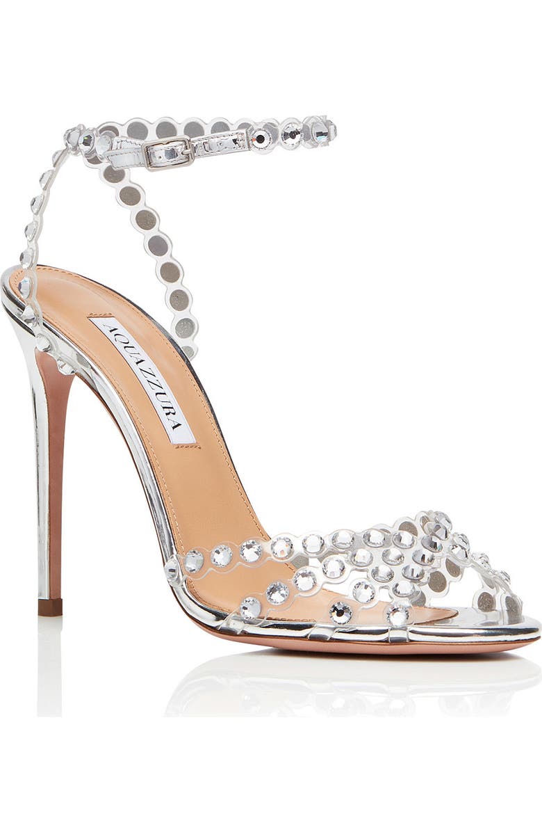 Aquazzura Tequila Crystal Ankle Strap Sandal, Main, color, Silver
