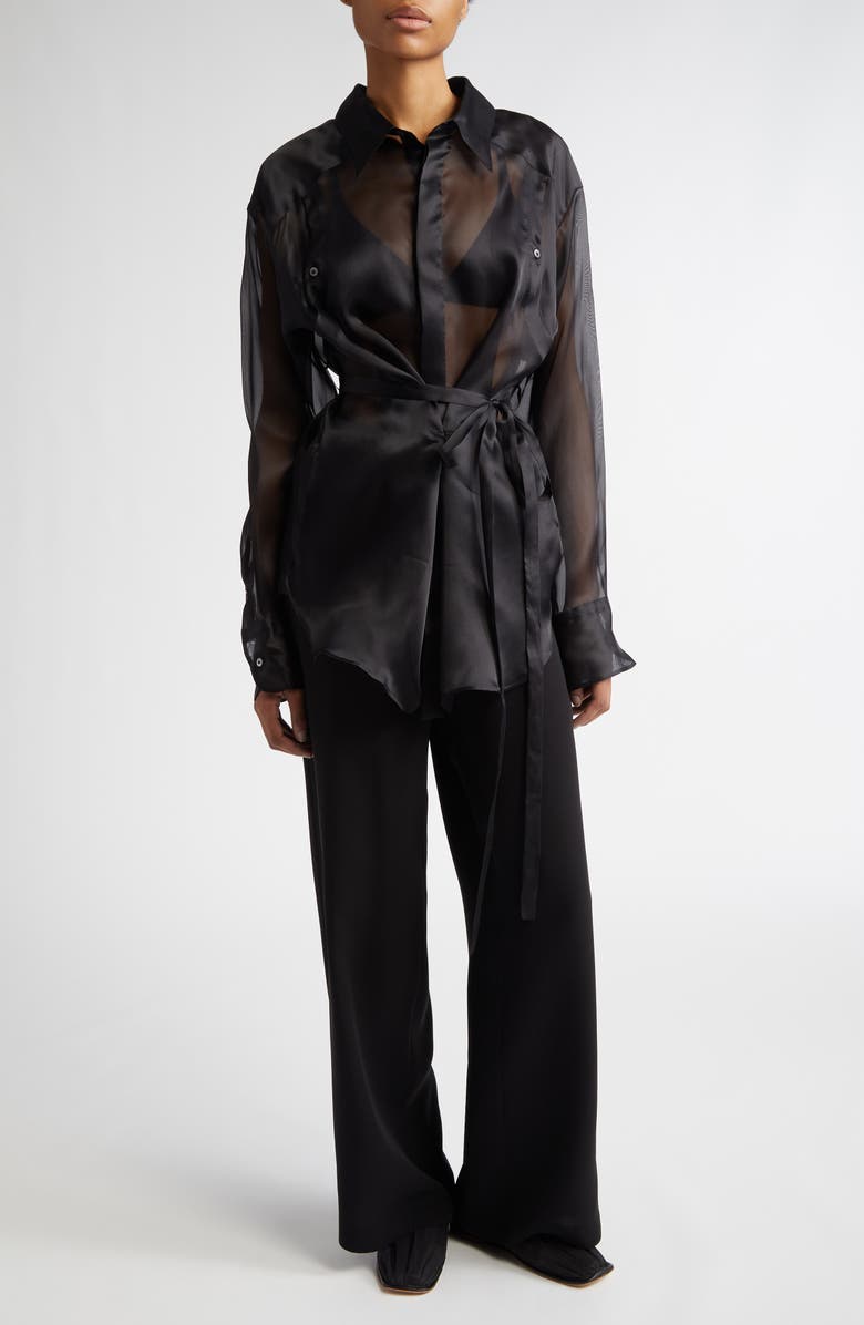 SETCHU Geisha Belted Silk Organza Shirt, Alternate, color, Black