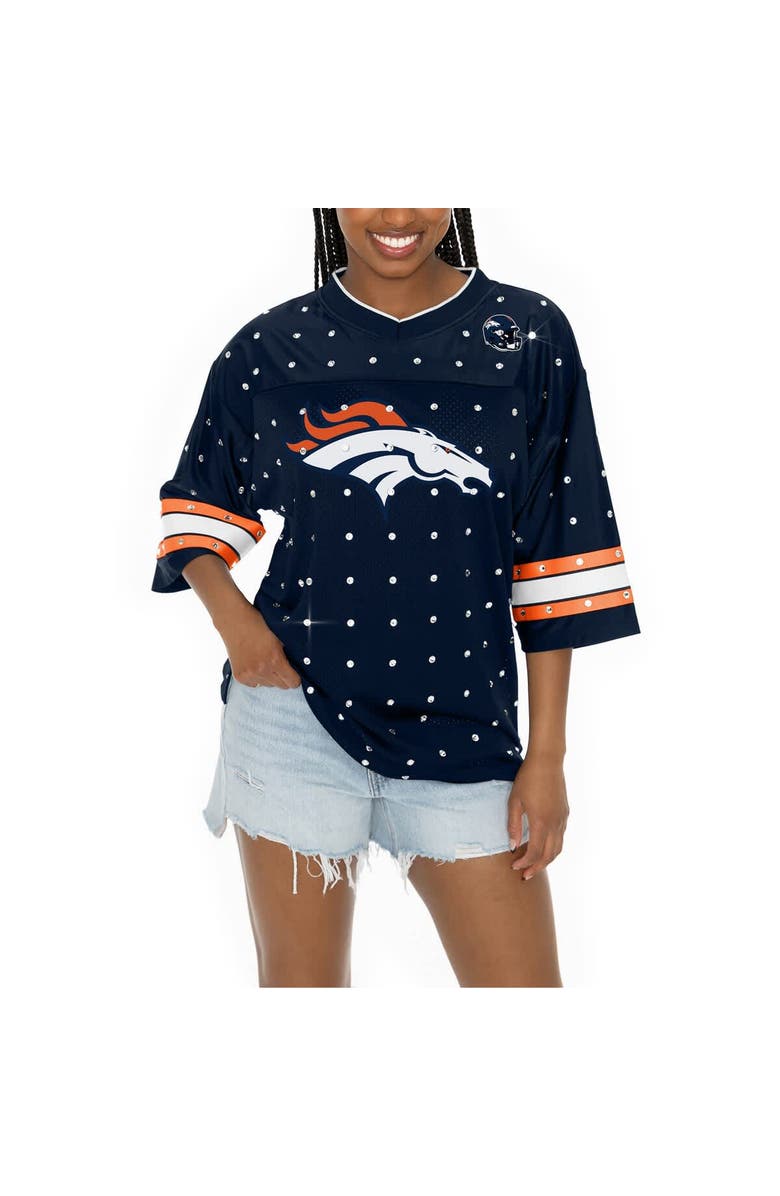 GAMEDAY COUTURE Women's Gameday Couture Navy Denver Broncos Kickoff Time Allover Rhinestone Sports Stripe Jersey V-Neck T-Shirt, Alternate, color, 