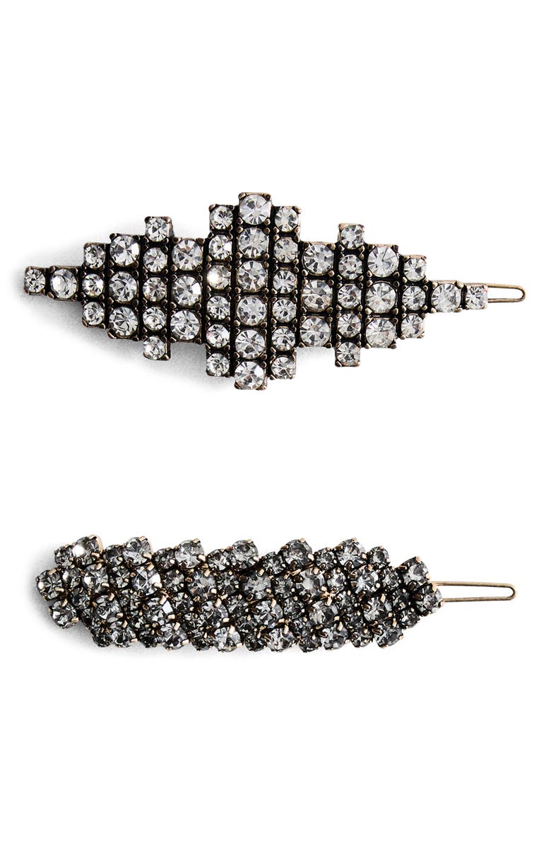MANGO Set of 2 Crystal Hair Barretts, Main, color, Silver