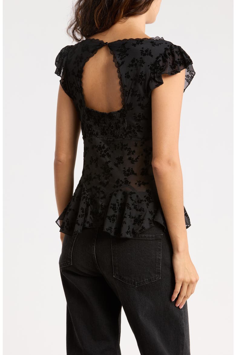 Flutter Sleeve V-Neck Burnout Top, Alternate, color, BLACK