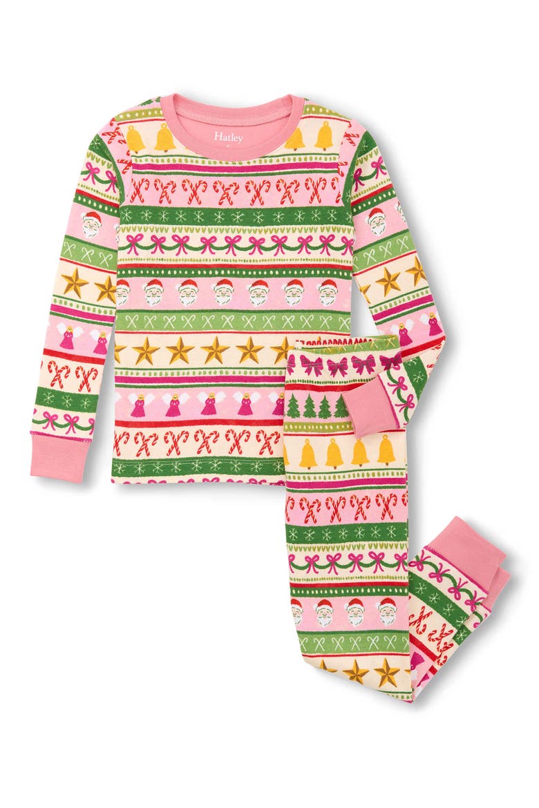 Kids' Holiday Fair Isle Organic Cotton Fitted Two-Piece Pajamas, Main, color, PINK