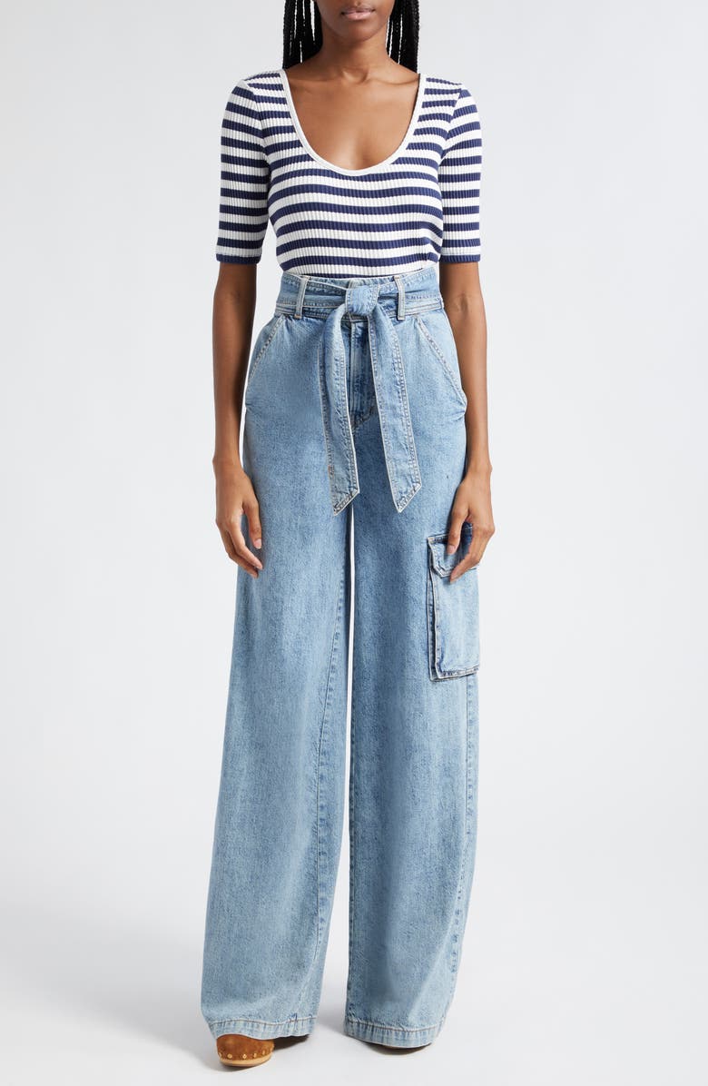 Veronica Beard Anafi Stripe Rib Stretch Cotton Top, Alternate, color, Off White Marine