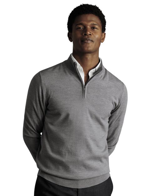 Charles Tyrwhitt Merino Zip Neck Long Sleeve Sweater In Gray
