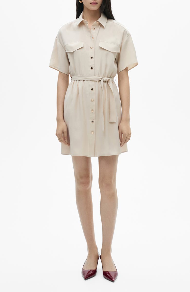 MANGO Belted Mini Shirtdress, Main, color, Beige