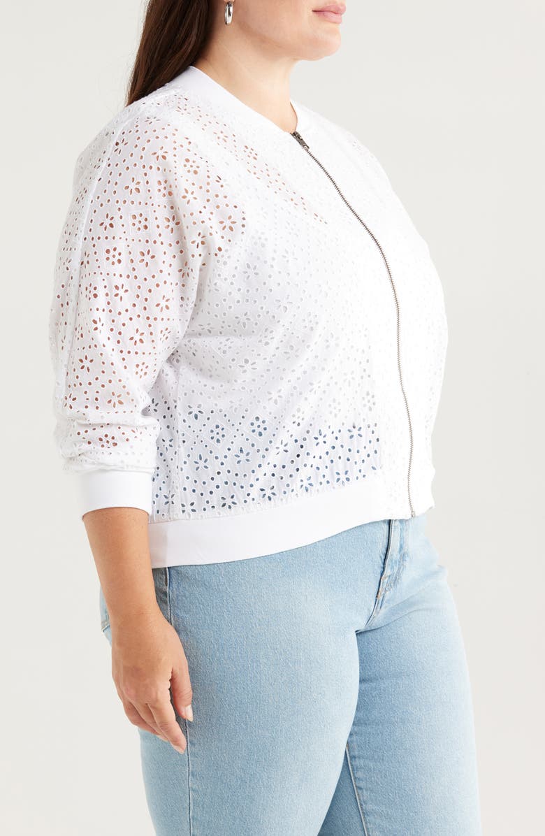 Caslon<sup>®</sup> Embroidered Eyelet Cotton Zip-Up Bomber Jacket, Alternate, color, White