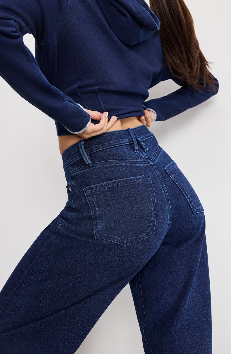 Good American Jeanius Barrel Leg Faux Denim Terry Sweatpants, Alternate, color, Indigo1029