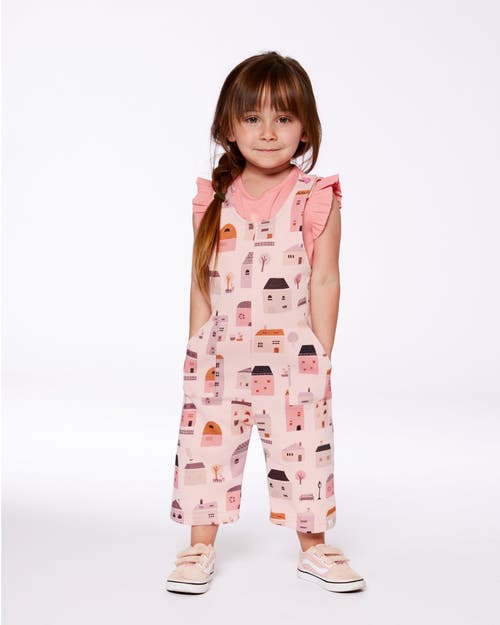 Deux Par Deux Girl's Printed French Terry Overalls Pink And Coral Houses In Pink And Coral Houses
