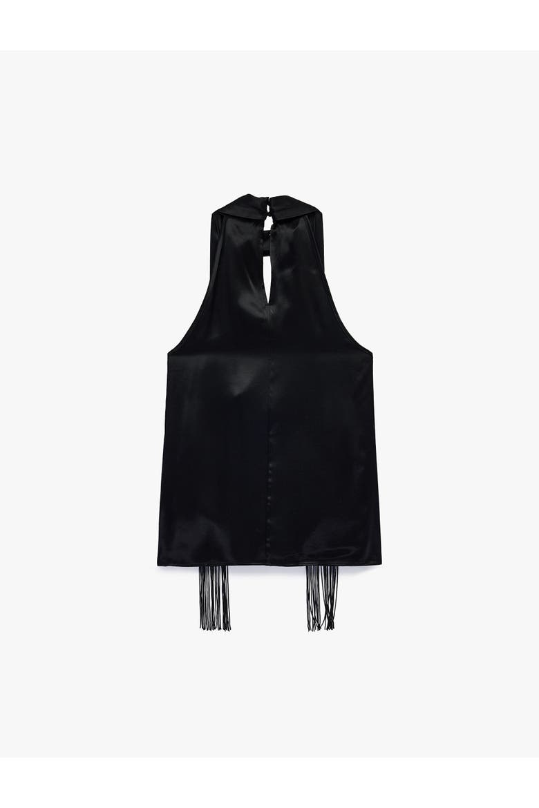 Satin Halter Top with Fringe Trim, Alternate, color, BLACK