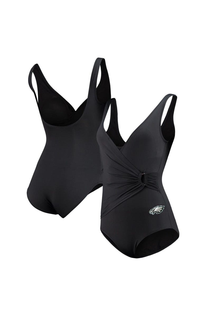 Tommy Bahama Women's Tommy Bahama Black Philadelphia Eagles Pearl Clara Wrap One-Piece Swimsuit, Main, color,