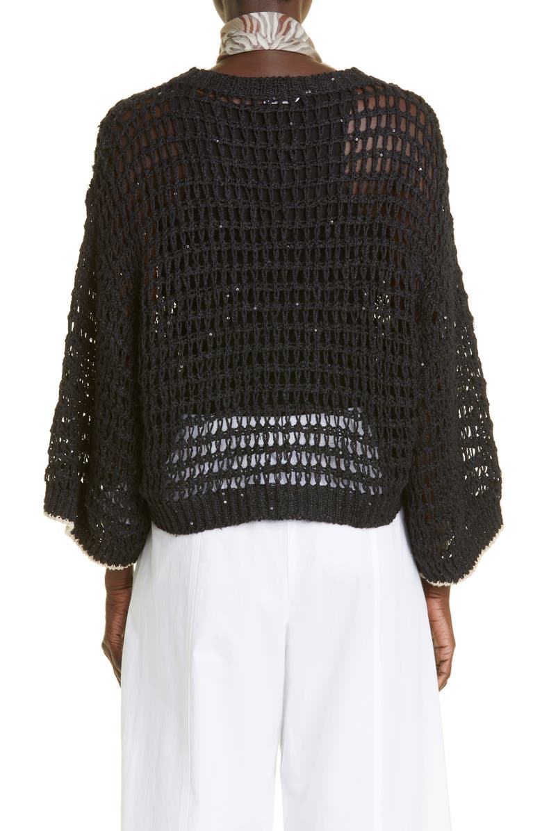 Brunello Cucinelli Sequin Open Knit Linen Blend Sweater, Alternate, color, 