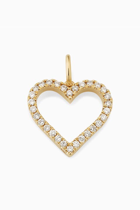 14K Yellow Gold Open Heart Diamond Pendant Charm, 25mm