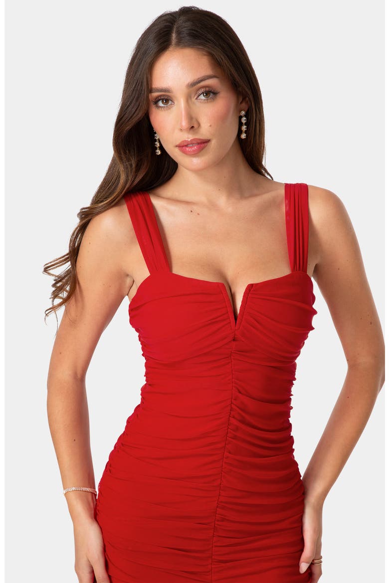 Split Neck Mesh Mermaid Dress, Alternate, color, RED