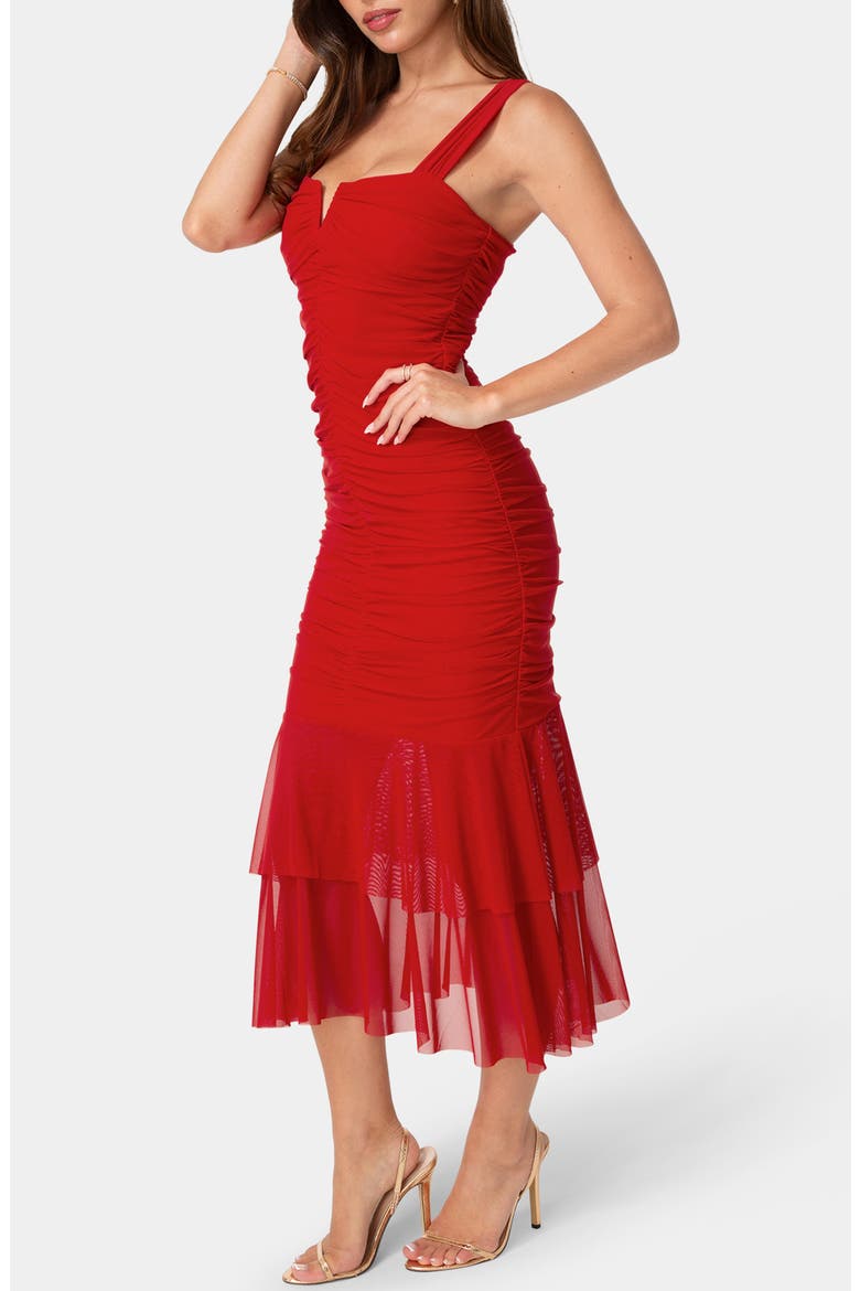 Split Neck Mesh Mermaid Dress, Alternate, color, RED