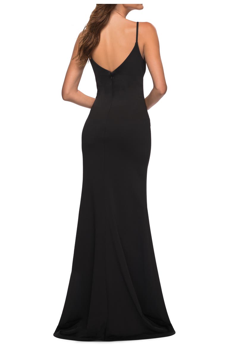 La Femme Simple Jersey Gown with V Neckline and Slit, Alternate, color, Black