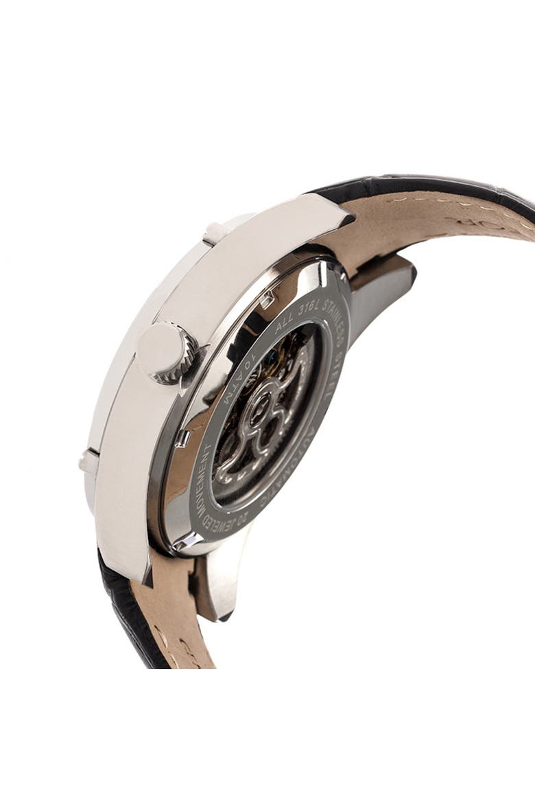 Daniels Semi-Skeleton Leather-Band Watch, Alternate, color, Silver/Black