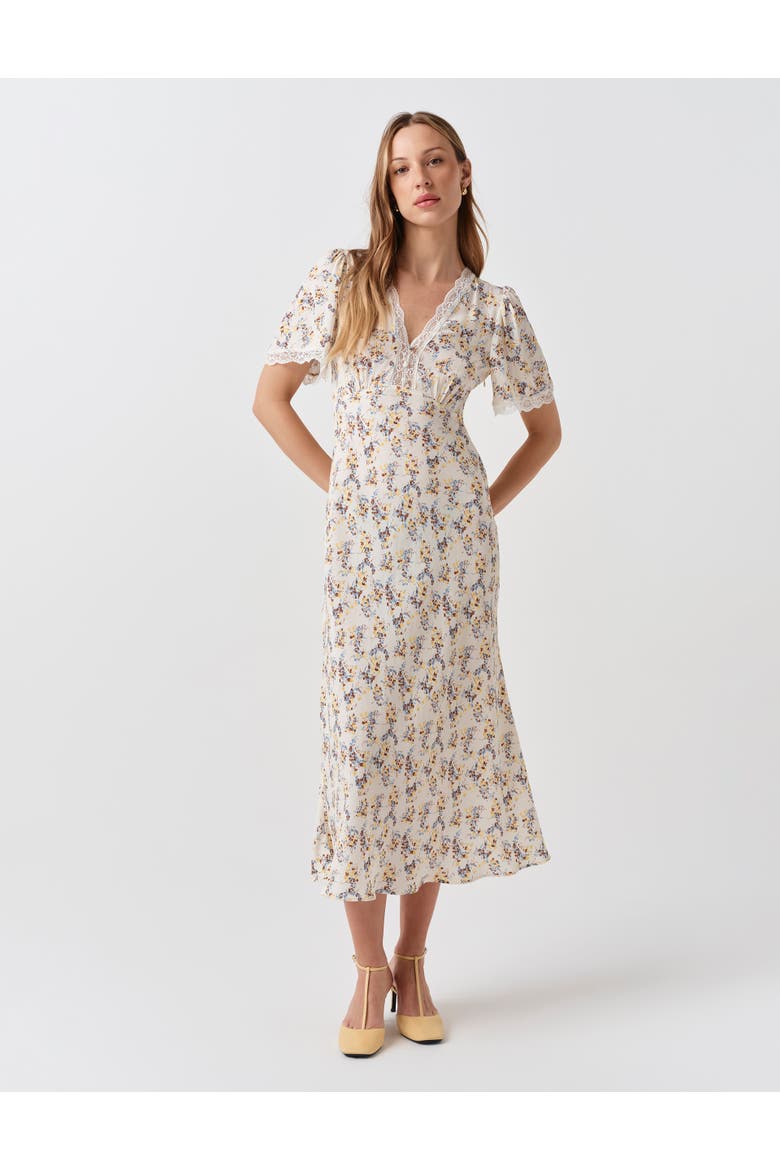 Belle Lace Crepe V-Neck Midi Dress, Alternate, color, Ivory Ditsy
