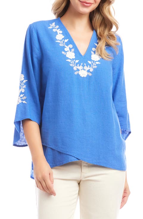 Floral Embroidery Detail Linen Blend Top