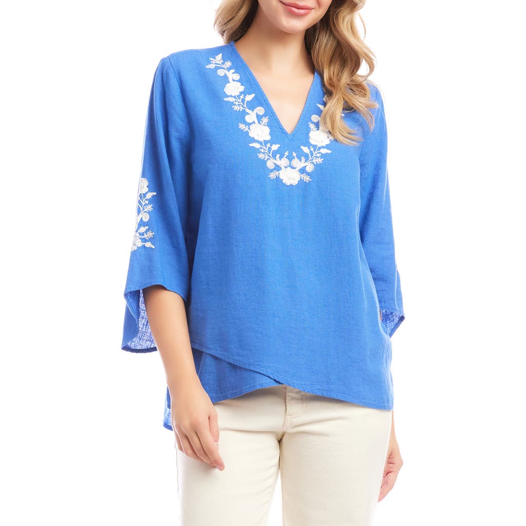 Karen Kane Floral Embroidery Detail Linen Blend Top In Blue