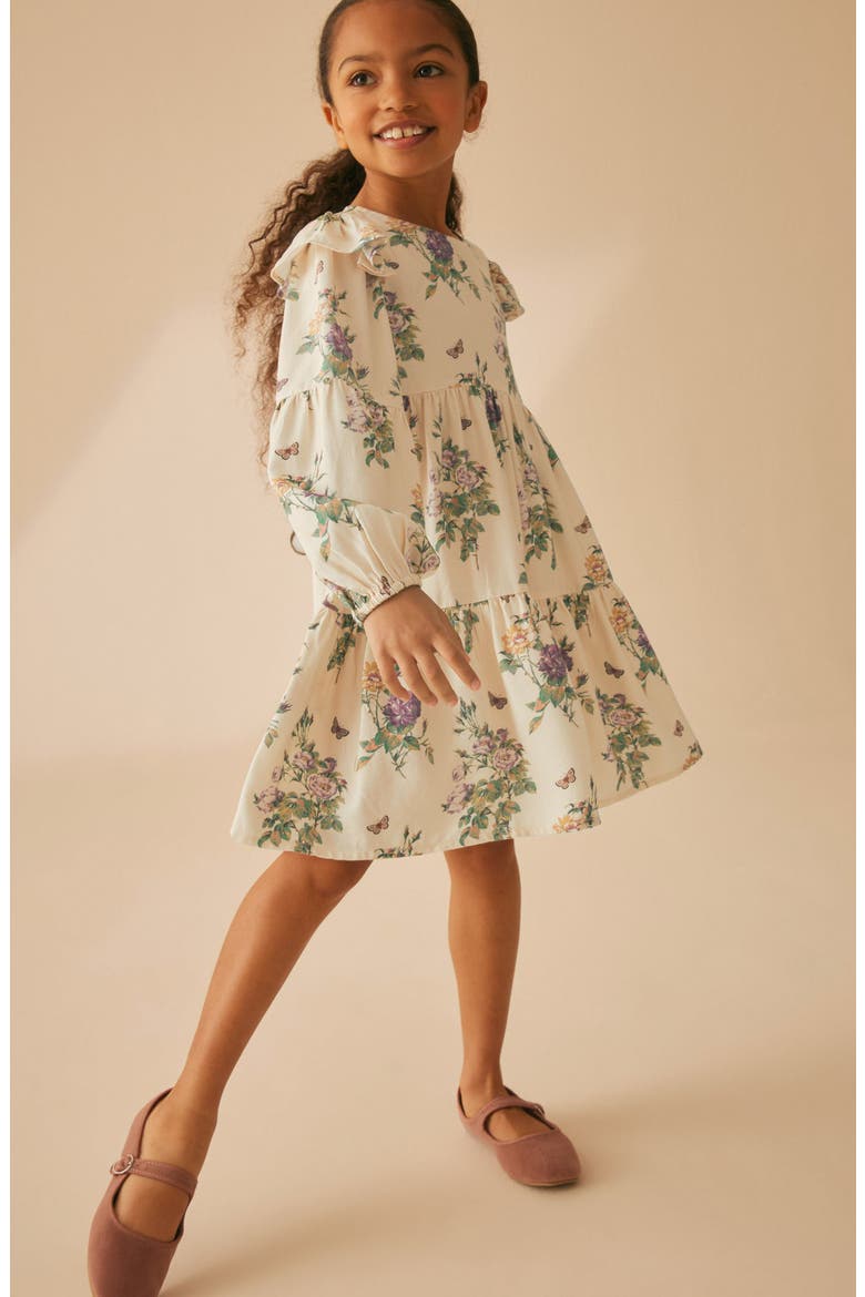 Kids' Floral Tiered Ruffle Long Sleeve Dress, Alternate, color, CREAM PURPLE FLORAL