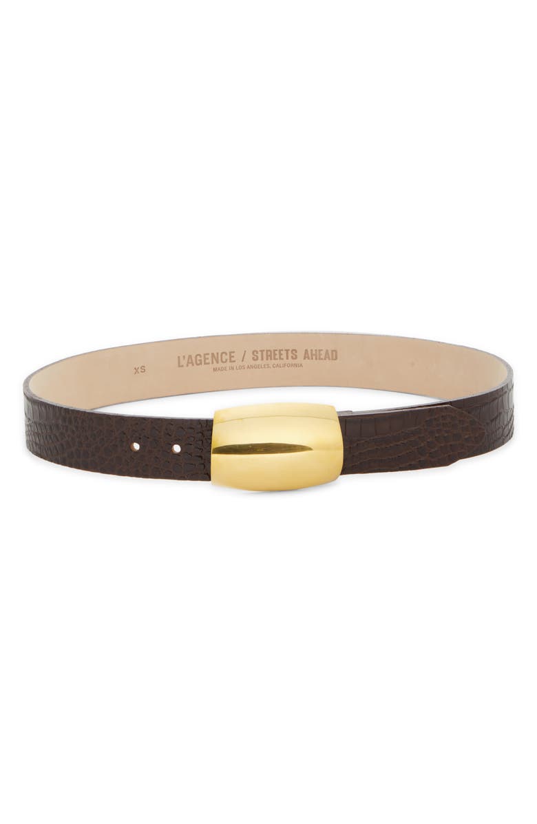 L
AGENCE Milou Domed Buckle Croc Embossed Patent Leather Belt, Main, color, Chocolate Croc Embossed