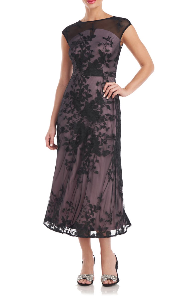 JS Collections Melissa Floral Embroidered Tulle Midi Dress, Main, color, 