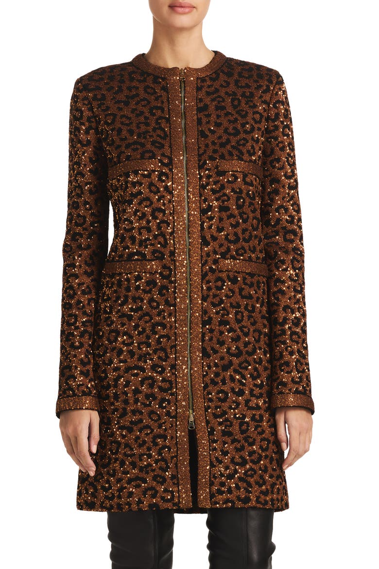 Sequin Leopard Jacquard Long Jacket, Main, color, CARAMEL/ COPPER MULTI