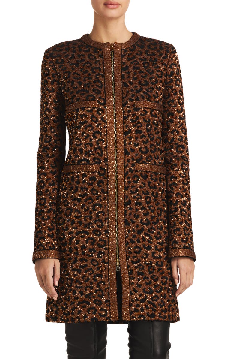 St. John Evening Sequin Leopard Jacquard Long Jacket, Main, color,