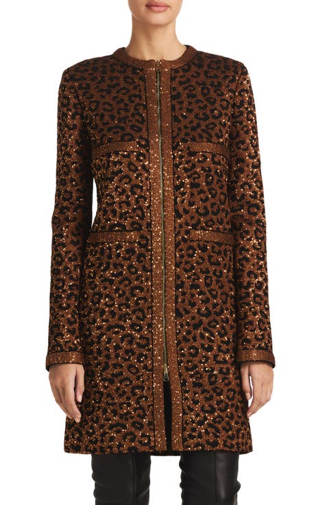 Sequin Leopard Jacquard Long Jacket
