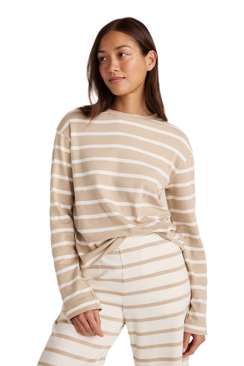 Brushed Cotton Interlock Stripe Crewneck, Main, color, Willow Bark/Ivory