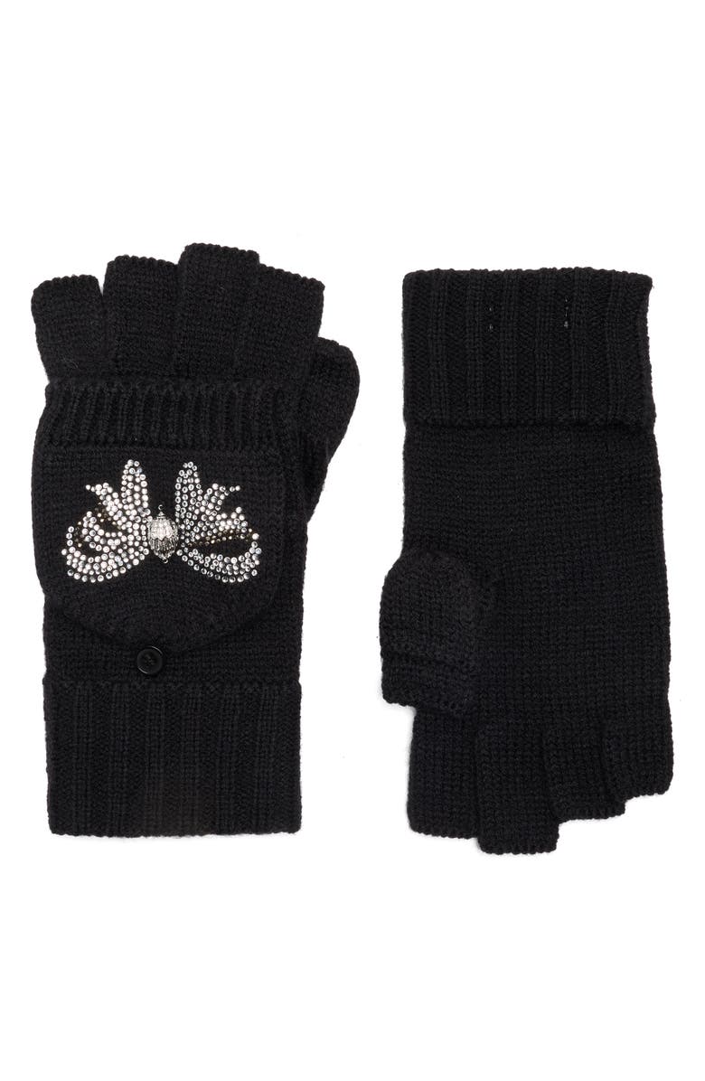 Kurt Geiger London Crystal Bow Polo Fingerless Gloves, Main, color, Black