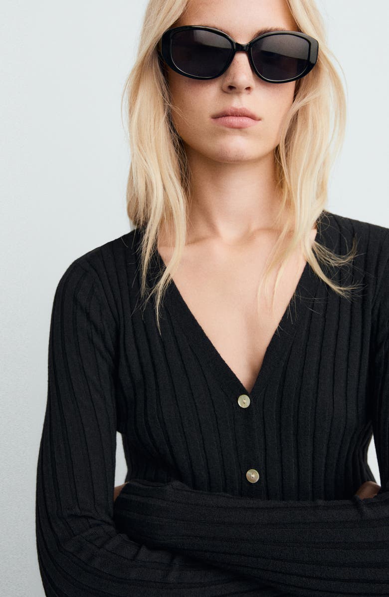MANGO V-Neck Rib Cardigan, Alternate, color, Black