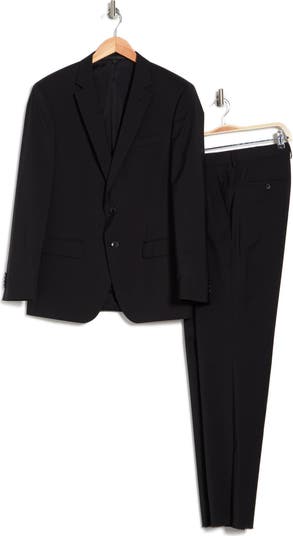 Huge Genius Black Solid Two-Button Notch Lapel Wool Suit