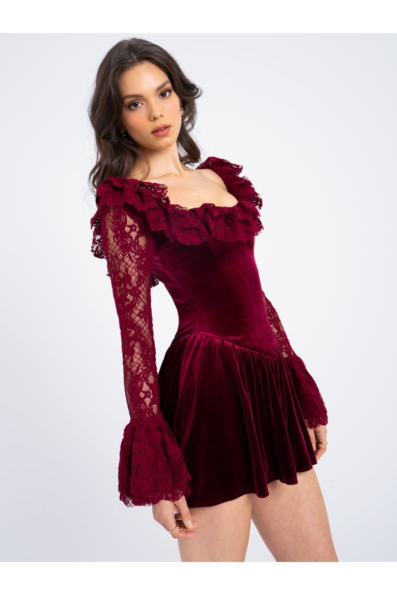 Yachira Velvet Lace Flare Sleeve Mini Dress, Alternate, color, Burgundy