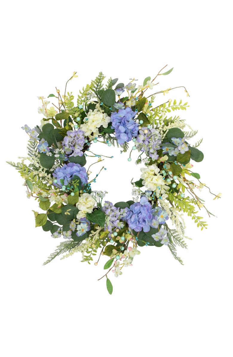 Northlight Eucalyptus, Hyacinths and Hydrangea Fern Spring Wreath - 26", Main, color, Blue