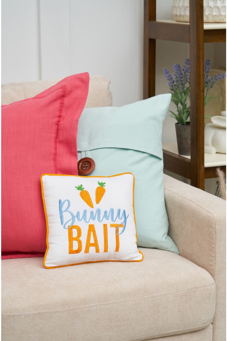 "Bunny Bait" Carrots Easter Cotton Blend Embroidered Mini Accent Pillow 10" x 10", Alternate, color, White