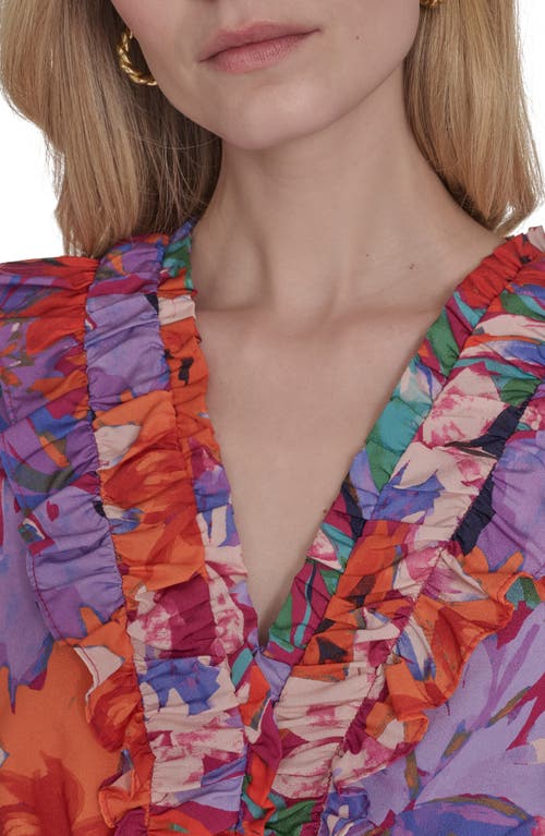 Vince Camuto Floral Print Ruffle Dress In Purple Multi