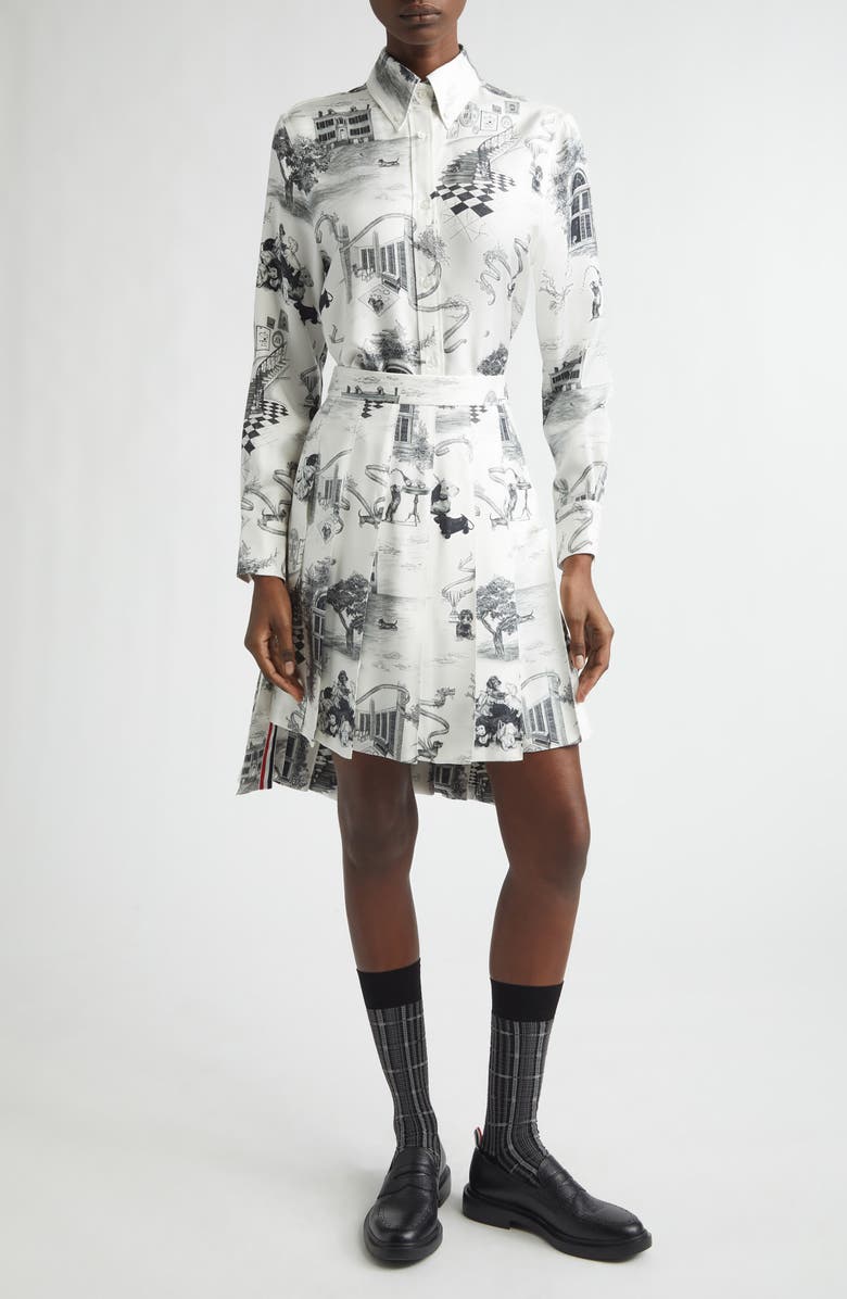 Thom Browne Hector Toile Silk Twill Button-Down Shirt, Alternate, color, Black/ White