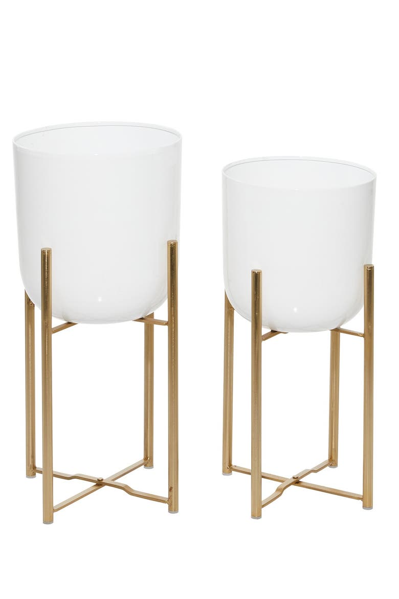 Contemporary White & Gold Floor Planters - Set of 2, Main, color, WHITE