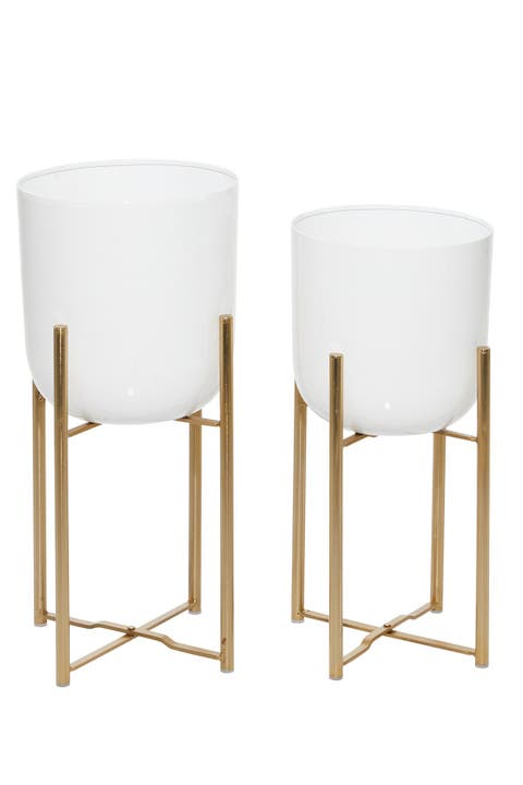 Contemporary White & Gold Floor Planters - Set of 2